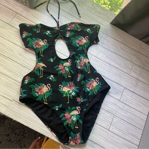 Korea one piece Floral Flamingo Cutout Swimsuit size large